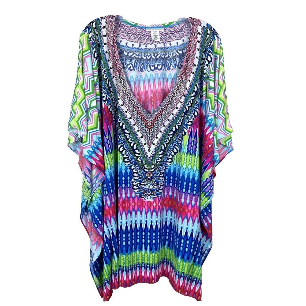 La Blanca Womens‎ L XL Swim Cover Up Poncho Colorful Boho Stretchy Knit Resort